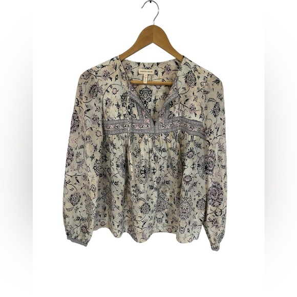 Rebecca Taylor Womens Silk V-neck Long Sleeve Printed Blouse Peasant Cream Sz 4 - Picture 1 of 11